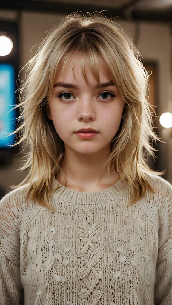 a young teenage girl with a (disheveled blonde straight hairstyle, bangs cut, and dirty face), whose eyes shine with a troubled mind, she wears a plain thin sweater, set against a backdrop of meticulously drawn, detailed intricacies that give off a (sharp focus), against a luxurious studio atmosphere