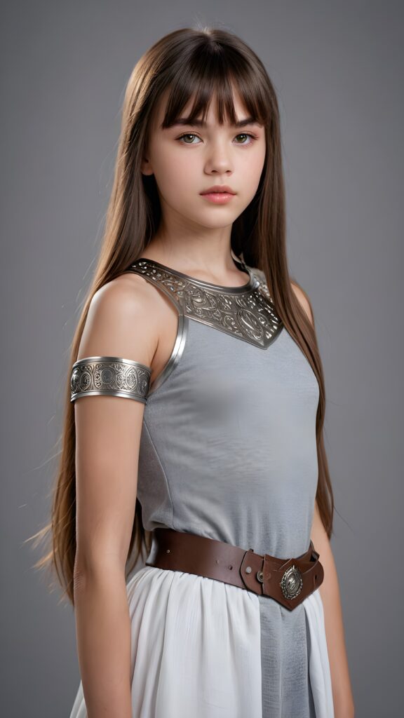 a young warrior teen girl, lightly dressed, 13 years old, flawless skin, ((stunning)) ((gorgeous)) ((detailed full body portrait)) ((straight hair in bangs cut)) ((angelic round face)), ((grey background)), ((full lips))