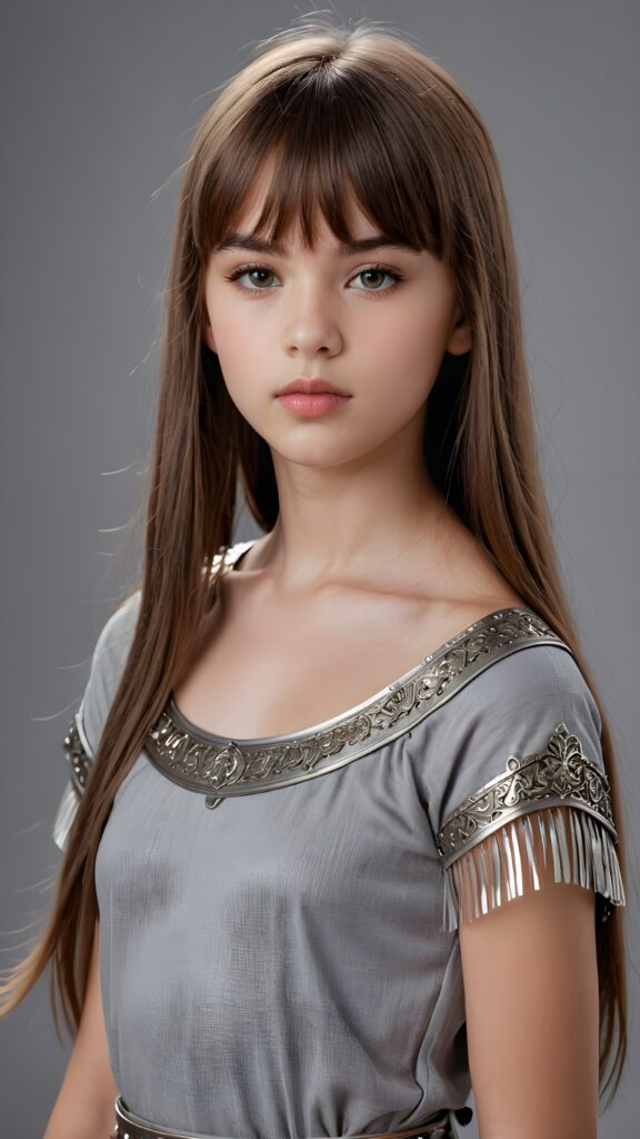 a young warrior teen girl, lightly dressed, 13 years old, flawless skin, ((stunning)) ((gorgeous)) ((detailed full body portrait)) ((straight hair in bangs cut)) ((angelic round face)), ((grey background)), ((full lips))