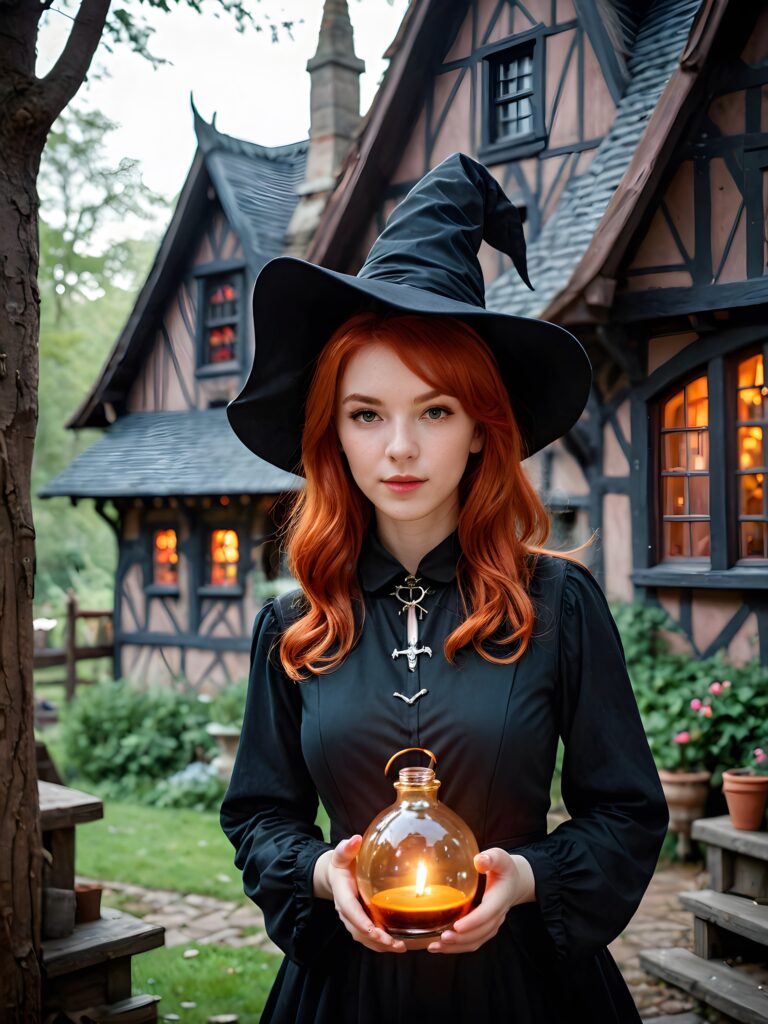 a (((young witch))) with red hair and captivating potion-making, set against a backdrop of a (((witch house))), its shapes and lines abstracted and softly illuminated in a (((gentle, inviting light))), as if emanating from a (close-up) shot, with highly detailed details that bring the scene to life