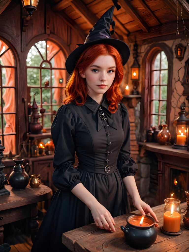 a (((young witch))) with red hair and captivating potion-making, set against a backdrop of a (((witch house))), its shapes and lines abstracted and softly illuminated in a (((gentle, inviting light))), as if emanating from a (close-up) shot, with highly detailed details that bring the scene to life