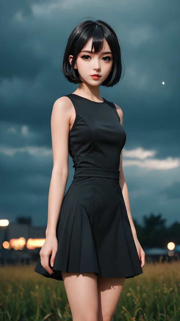 against a plain backdrop ((anime graphic novel style)) full body, perfect hands, perfect fingers, character design, beautiful girl with bob cut, black dress, full lips, big eyes, gloomy and eerie, volumetric light