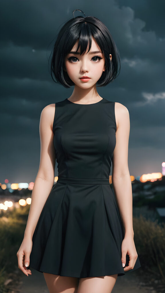 against a plain backdrop ((anime graphic novel style)) full body, perfect hands, perfect fingers, character design, beautiful girl with bob cut, black dress, full lips, big eyes, gloomy and eerie, volumetric light