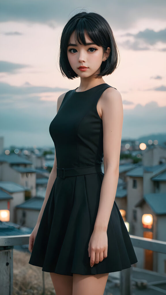 against a plain backdrop ((anime graphic novel style)) full body, perfect hands, perfect fingers, character design, beautiful girl with bob cut, black dress, full lips, big eyes, gloomy and eerie, volumetric light