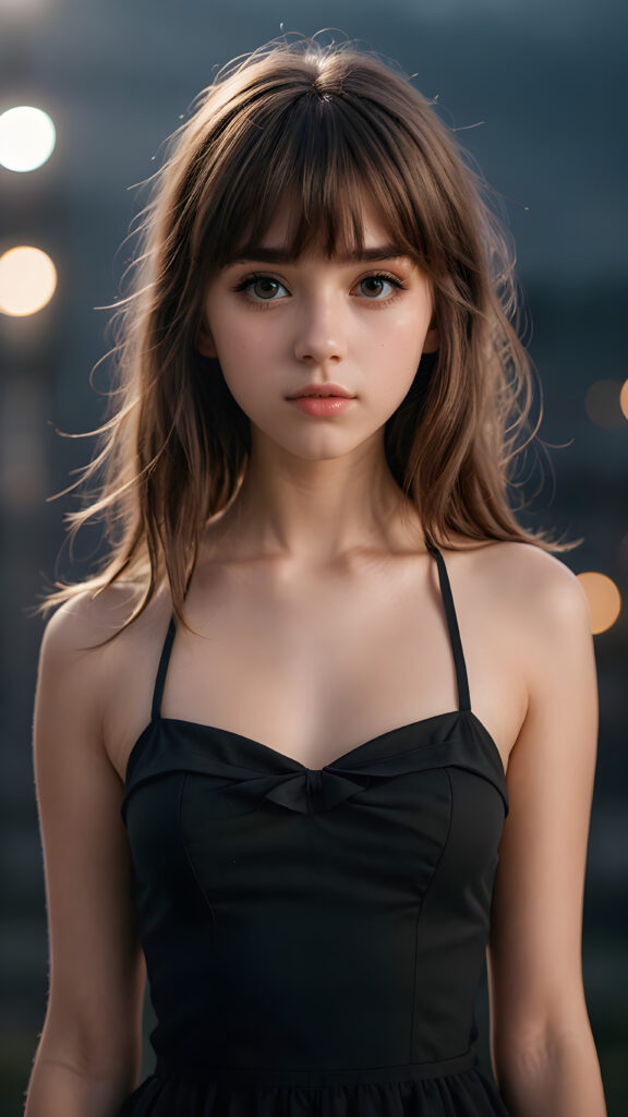 against a plain backdrop, full body, character design, beautiful teen girl with long soft hair and bangs, short cropped halter, full lips, big eyes, gloomy and eerie, volumetric light