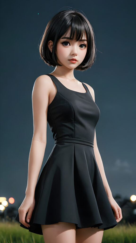 against a plain backdrop ((anime graphic novel style)) full body, perfect hands, perfect fingers, character design, beautiful girl with bob cut, black dress, full lips, big eyes, gloomy and eerie, volumetric light