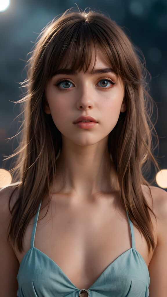 against a plain backdrop, full body, character design, beautiful teen girl with long soft hair and bangs, short cropped halter, full lips, big eyes, gloomy and eerie, volumetric light