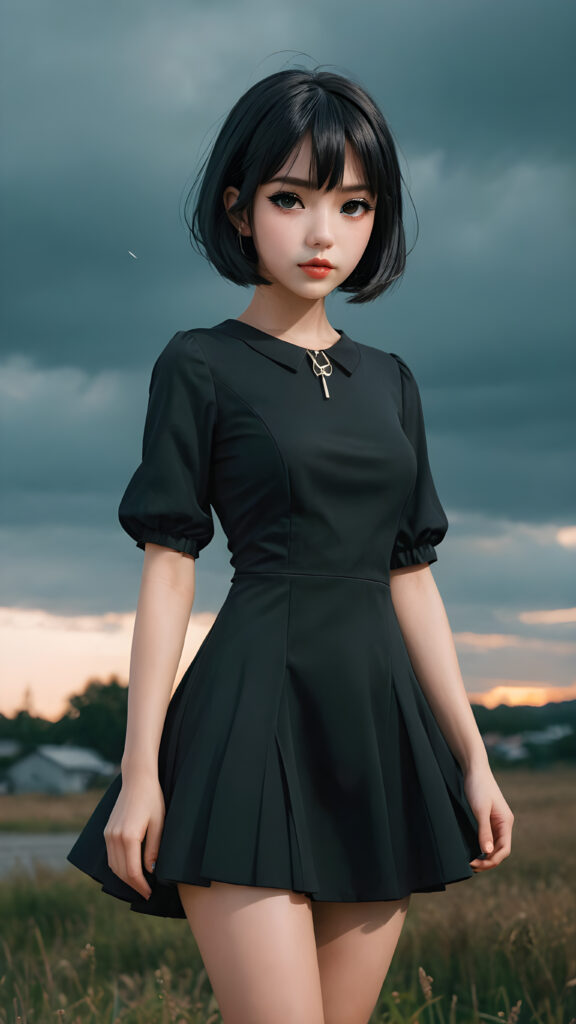 against a plain backdrop ((anime graphic novel style)) full body, perfect hands, perfect fingers, character design, beautiful girl with bob cut, black dress, full lips, big eyes, gloomy and eerie, volumetric light