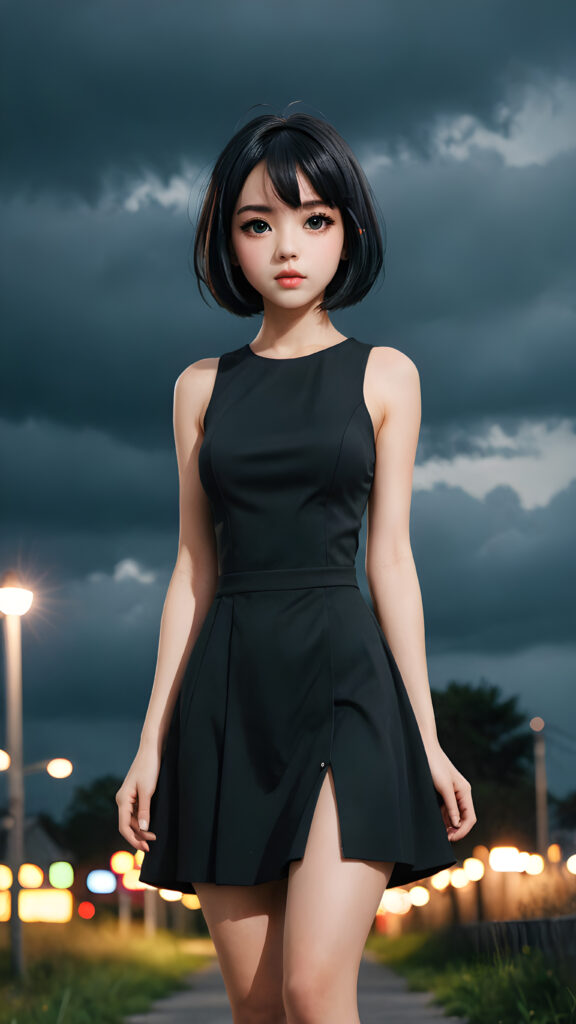 against a plain backdrop ((anime graphic novel style)) full body, perfect hands, perfect fingers, character design, beautiful girl with bob cut, black dress, full lips, big eyes, gloomy and eerie, volumetric light