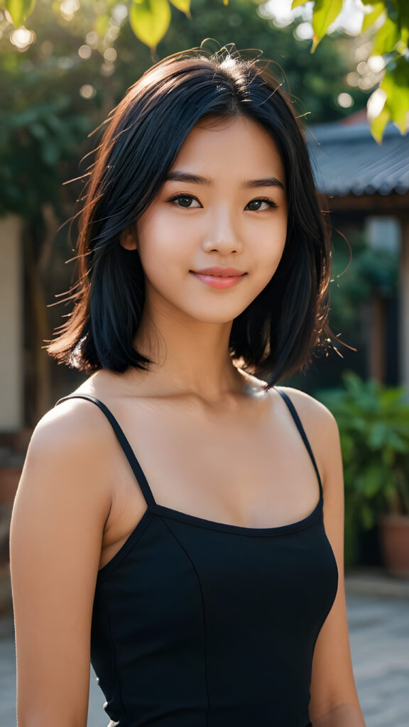 an Asia teen girl, 14 years old, ((realistic detailed, shiny, straight black hair)), realistic face, perfect curved body, lightly dressed, beautiful saturation, ultra high resolution, deep shadow, (best quality, masterpiece), highly detailed, looking at viewer, warm smile, 4k, ((portrait shot)) (((gorgeous))) ((attractive)) ((stunning))