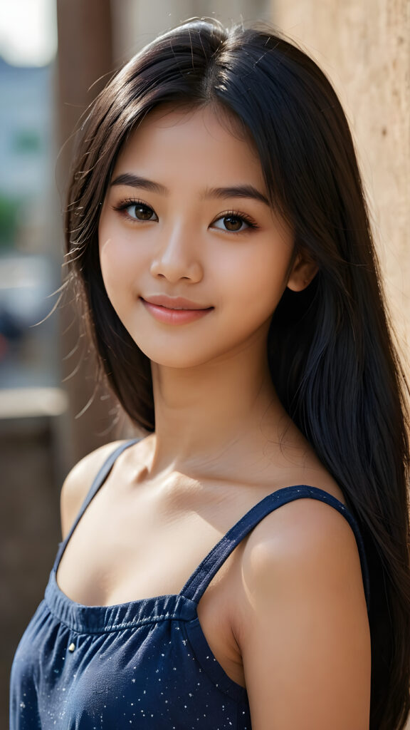 an Asia teen girl, 14 years old, ((realistic detailed, shiny, straight black hair)), realistic face, perfect curved body, lightly dressed, beautiful saturation, ultra high resolution, deep shadow, (best quality, masterpiece), highly detailed, looking at viewer, warm smile, 4k, ((portrait shot)) (((gorgeous))) ((attractive)) ((stunning))