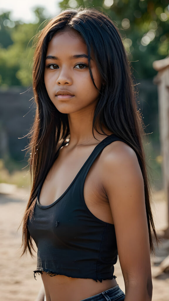 an Exotic dark-skinned teen girl, long straight hair, 14 years old, ((round face)), looks seductively, ((tattered crop black tank top)), perfect curved body, (stunning) (gorgeous) ((detailed)) ((side view))