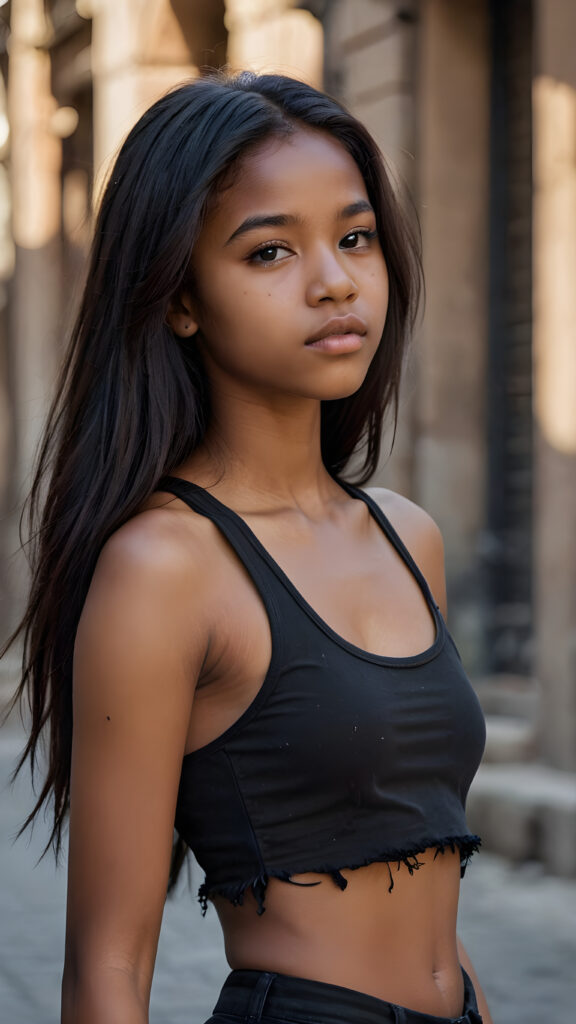 an Exotic dark-skinned teen girl, long straight hair, 14 years old, ((round face)), looks seductively, ((tattered crop black tank top)), perfect curved body, (stunning) (gorgeous) ((detailed)) ((side view))