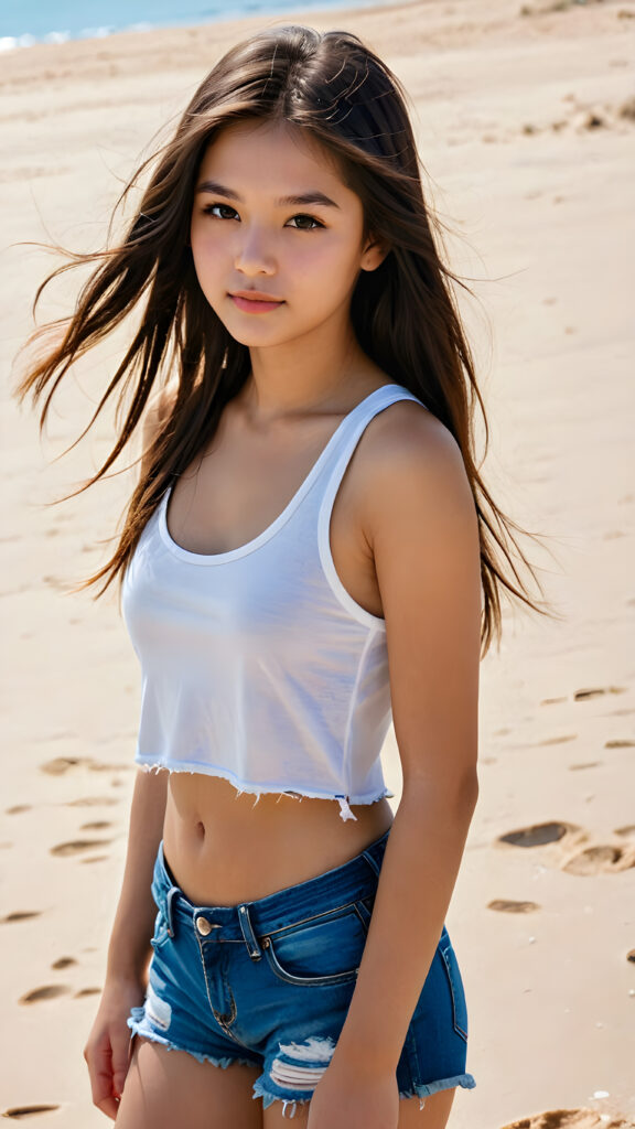 an Exotic young teen girl, long straight soft hair, 14 years old, ((round face)), looks seductively, ((tattered crop tank top)), perfect body, (stunning) (gorgeous) (on a sandy beach) ((detailed))