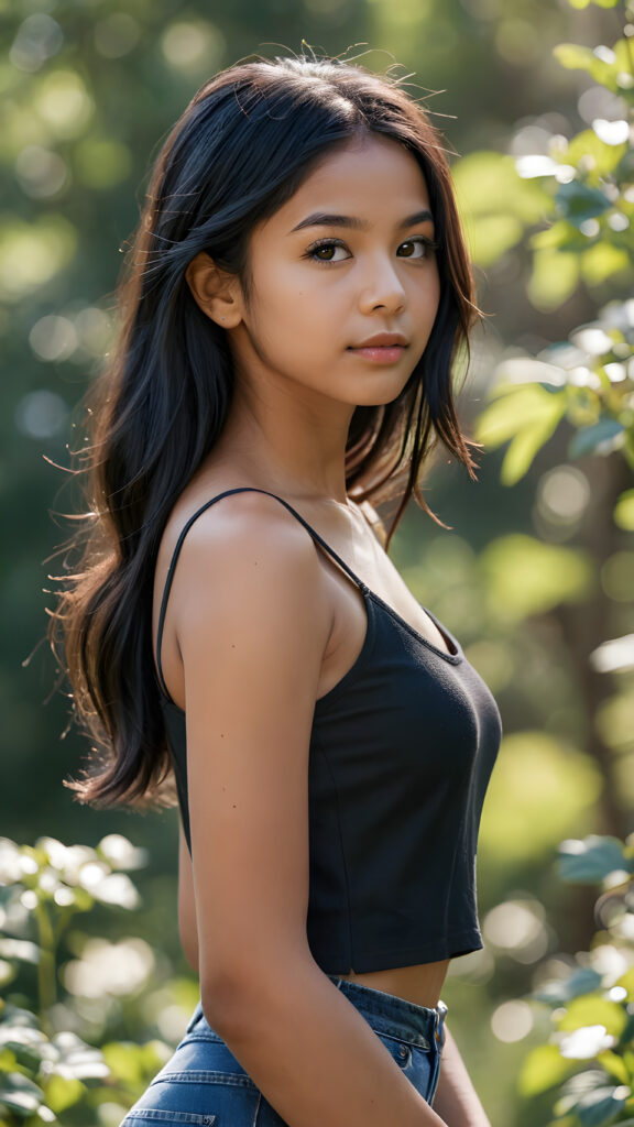 an dark-skinned cute innocent young girl, very long straight soft black hair, ((round face)), looks seductively, ((super short and thin spaghetti crop black tank top)), perfect curved body, (stunning) (gorgeous) ((detailed)) ((side view)) ((natural spring backdrop))