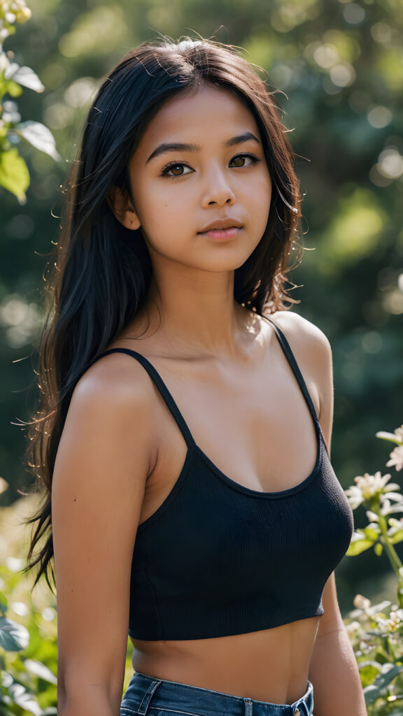 an dark-skinned cute innocent young girl, very long straight soft black hair, ((round face)), looks seductively, ((super short and thin spaghetti crop black tank top)), perfect curved body, (stunning) (gorgeous) ((detailed)) ((side view)) ((natural spring backdrop))