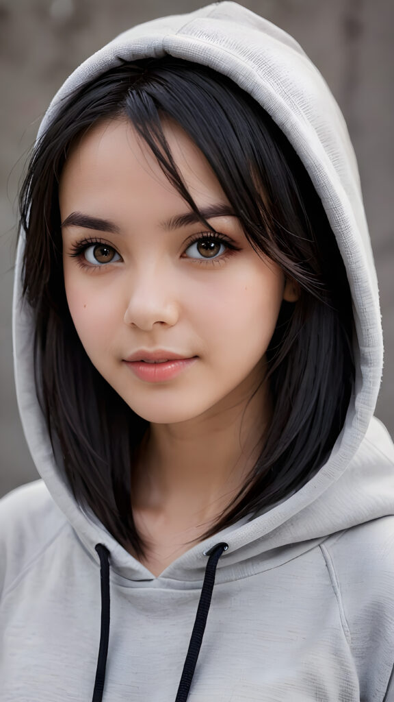 an emo girl, full detailed and realistic portrait, ((round, angelic face)), flawless, young and smooth skin, full lips, her deep brown eyes sparkle, ((obsidian long, straight soft shiny hair)), white hoodie, a warm smile enchants the viewer, perfect curved body, ((gorgeous)) ((stunning)) ((grey background)) ((cute))