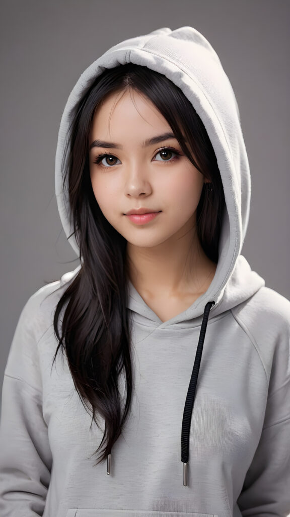 an emo girl, full detailed and realistic portrait, ((round, angelic face)), flawless, young and smooth skin, full lips, her deep brown eyes sparkle, ((obsidian long, straight soft shiny hair)), white hoodie, a warm smile enchants the viewer, perfect curved body, ((gorgeous)) ((stunning)) ((grey background)) ((cute))