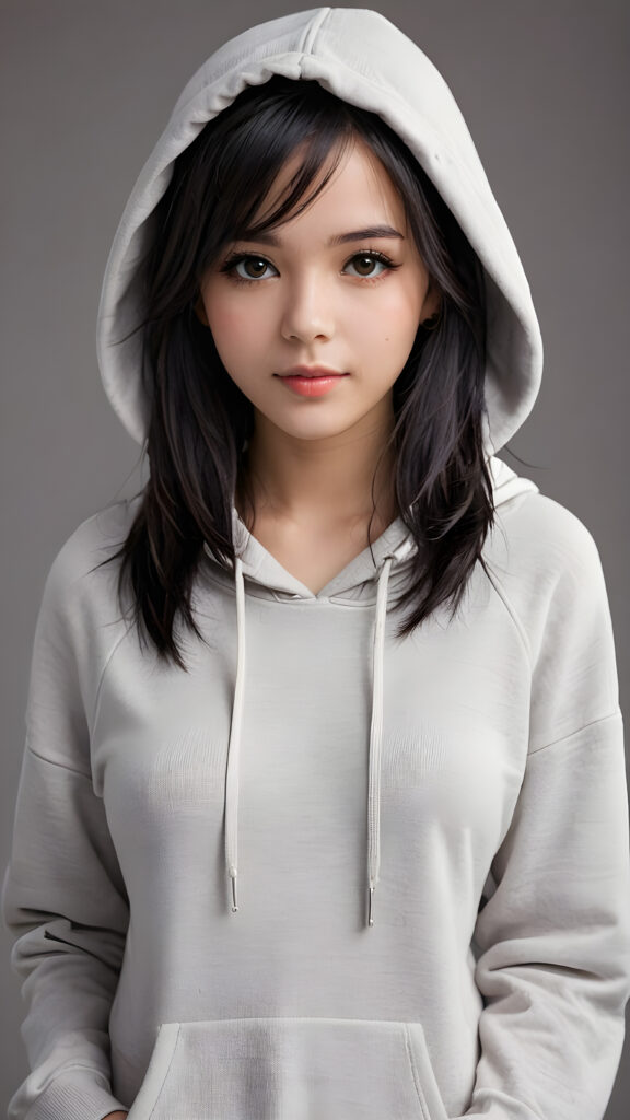 an emo girl, full detailed and realistic portrait, ((round, angelic face)), flawless, young and smooth skin, full lips, her deep brown eyes sparkle, ((obsidian long, straight soft shiny hair)), white hoodie, a warm smile enchants the viewer, perfect curved body, ((gorgeous)) ((stunning)) ((grey background)) ((cute))