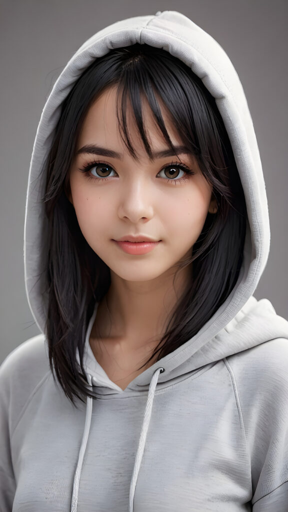 an emo girl, full detailed and realistic portrait, ((round, angelic face)), flawless, young and smooth skin, full lips, her deep brown eyes sparkle, ((obsidian long, straight soft shiny hair)), white hoodie, a warm smile enchants the viewer, perfect curved body, ((gorgeous)) ((stunning)) ((grey background)) ((cute))