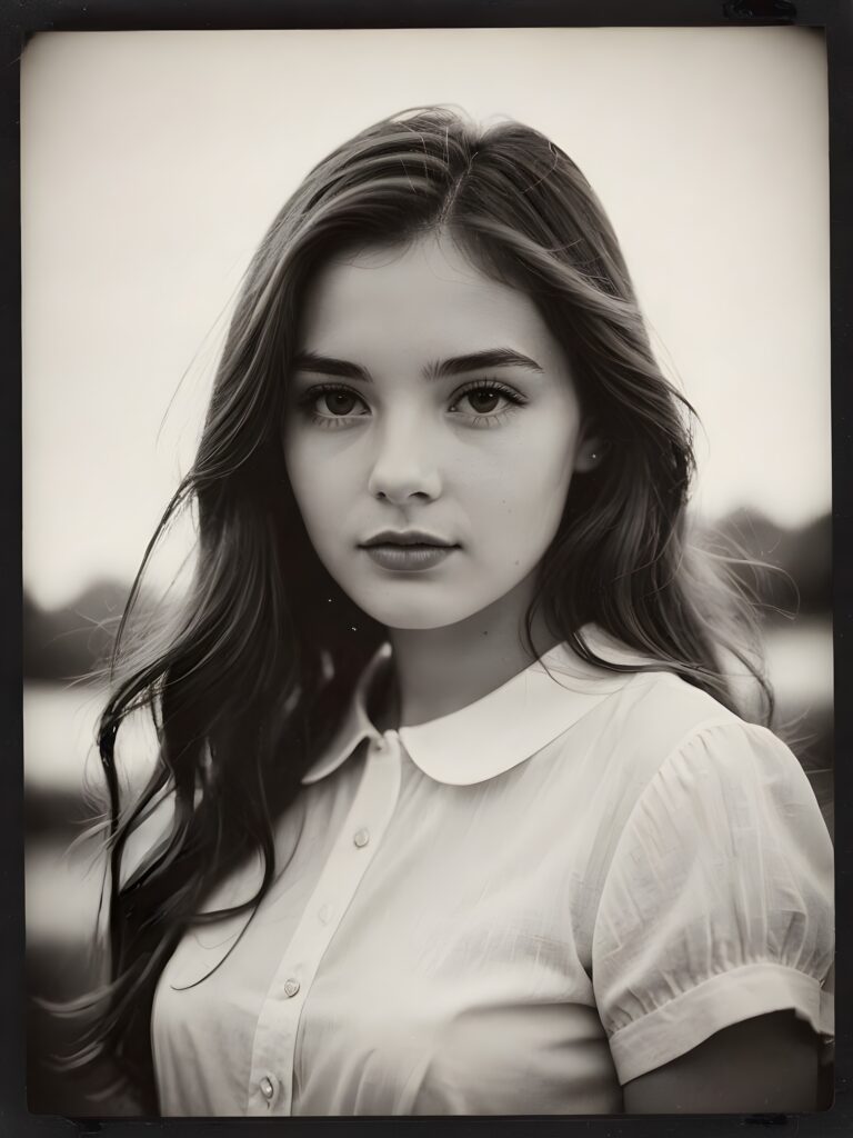 an exquisite (((vintage black and white close-up polaroid photograph))), featuring a (((stunningly realistic portrait))), capturing the essence of a serene young girl with impeccably proportioned features and long, straight soft hair, set against a sophisticated backdrop of a crisp, white canvas, side view