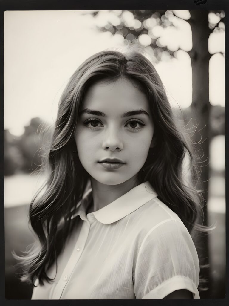 an exquisite (((vintage black and white close-up polaroid photograph))), featuring a (((stunningly realistic portrait))), capturing the essence of a serene young girl with impeccably proportioned features and long, straight soft hair, set against a sophisticated backdrop of a crisp, white canvas, side view