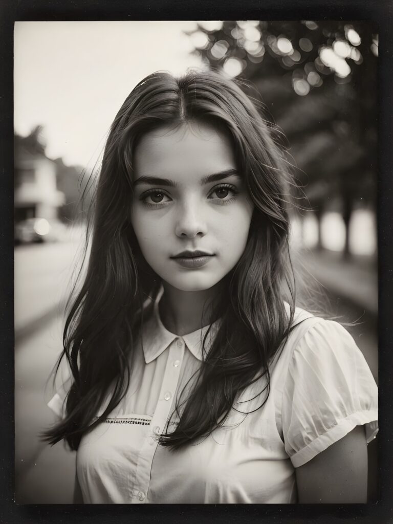 an exquisite (((vintage black and white close-up polaroid photograph))), featuring a (((stunningly realistic portrait))), capturing the essence of a serene young girl with impeccably proportioned features and long, straight soft hair, set against a sophisticated backdrop of a crisp, white canvas, side view