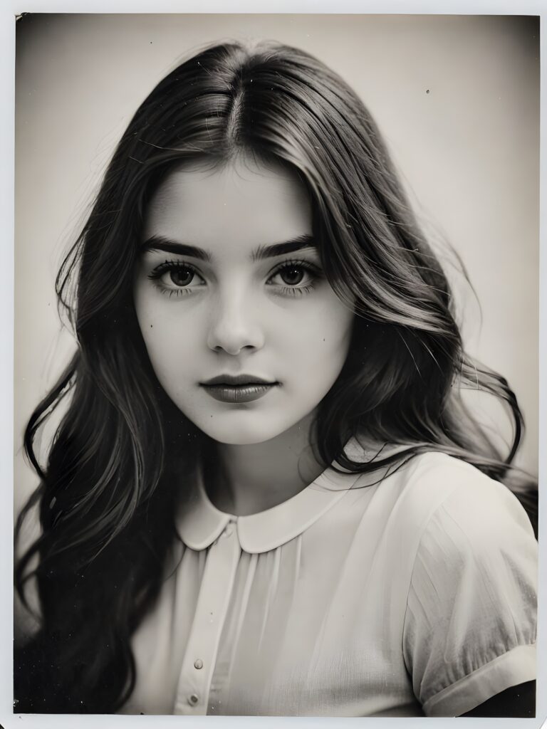 an exquisite (((vintage black and white close-up polaroid photograph))), featuring a (((stunningly realistic portrait))), capturing the essence of a serene young girl with impeccably proportioned features and long, straight soft hair, set against a sophisticated backdrop of a crisp, white canvas, side view