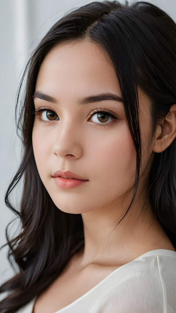 an exquisite and realistic (((close-up photograph))), featuring a (((stunningly realistic portrait))), capturing the essence of a serene young teen girl with impeccably proportioned features and long, straight soft black hair, set against a sophisticated backdrop of a crisp, white canvas, side view