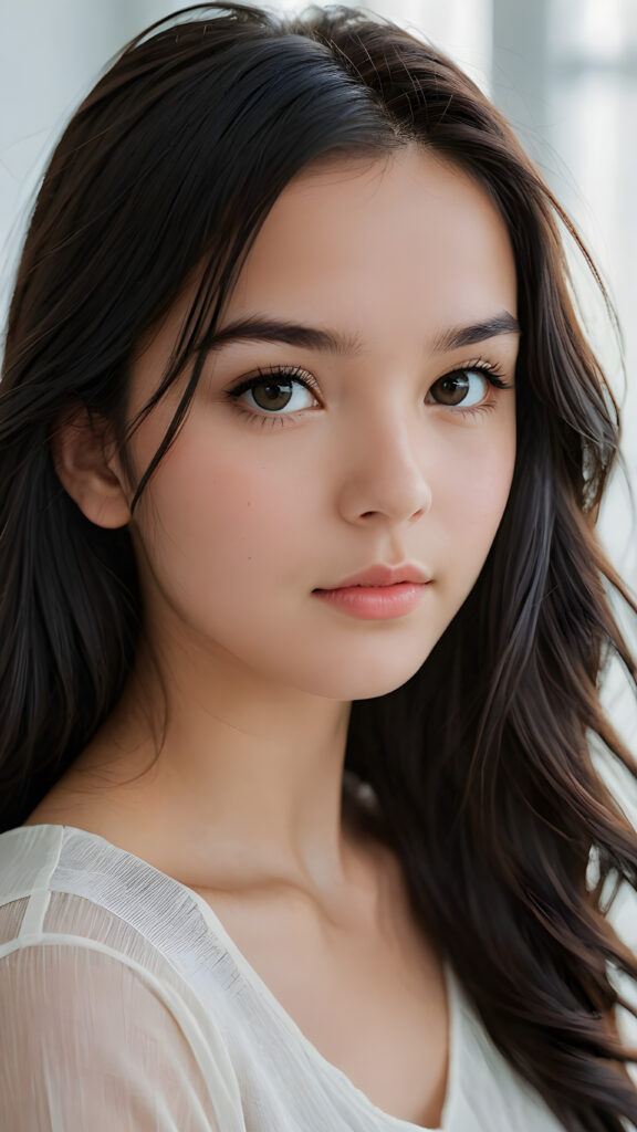 an exquisite and realistic (((close-up photograph))), featuring a (((stunningly realistic portrait))), capturing the essence of a serene young teen girl with impeccably proportioned features and long, straight soft black hair, set against a sophisticated backdrop of a crisp, white canvas, side view