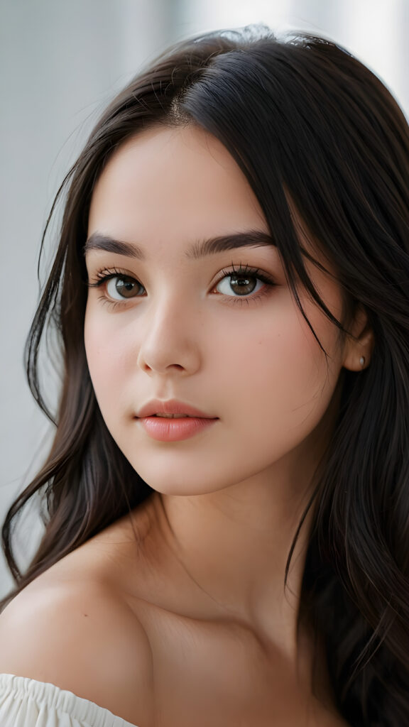 an exquisite and realistic (((close-up photograph))), featuring a (((stunningly realistic portrait))), capturing the essence of a serene young teen girl with impeccably proportioned features and long, straight soft black hair, set against a sophisticated backdrop of a crisp, white canvas, side view