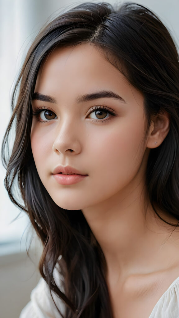 an exquisite and realistic (((close-up photograph))), featuring a (((stunningly realistic portrait))), capturing the essence of a serene young teen girl with impeccably proportioned features and long, straight soft black hair, set against a sophisticated backdrop of a crisp, white canvas, side view