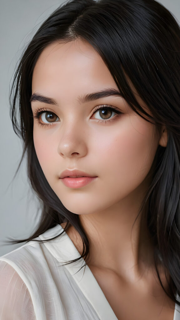 an exquisite and realistic (((close-up photograph))), featuring a (((stunningly realistic portrait))), capturing the essence of a serene young teen girl with impeccably proportioned features and long, straight soft black hair, set against a sophisticated backdrop of a crisp, white canvas, side view