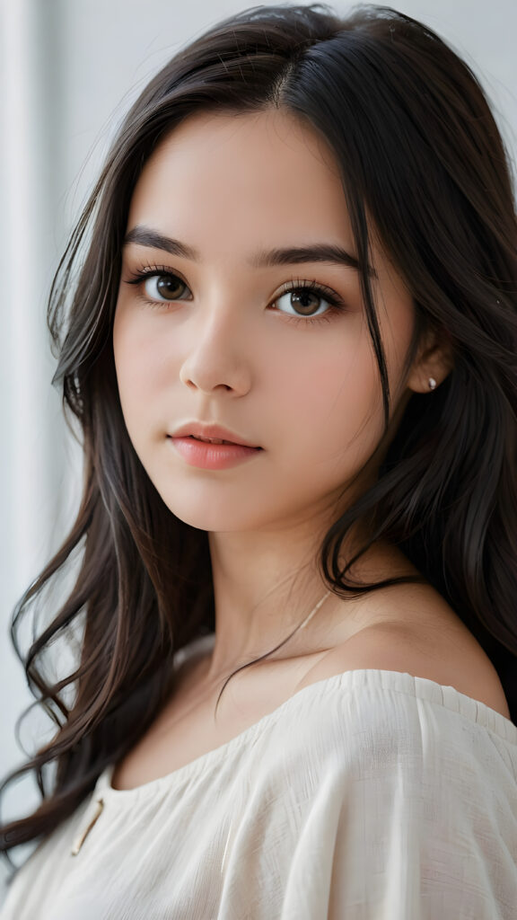 an exquisite and realistic (((close-up photograph))), featuring a (((stunningly realistic portrait))), capturing the essence of a serene young teen girl with impeccably proportioned features and long, straight soft black hair, set against a sophisticated backdrop of a crisp, white canvas, side view