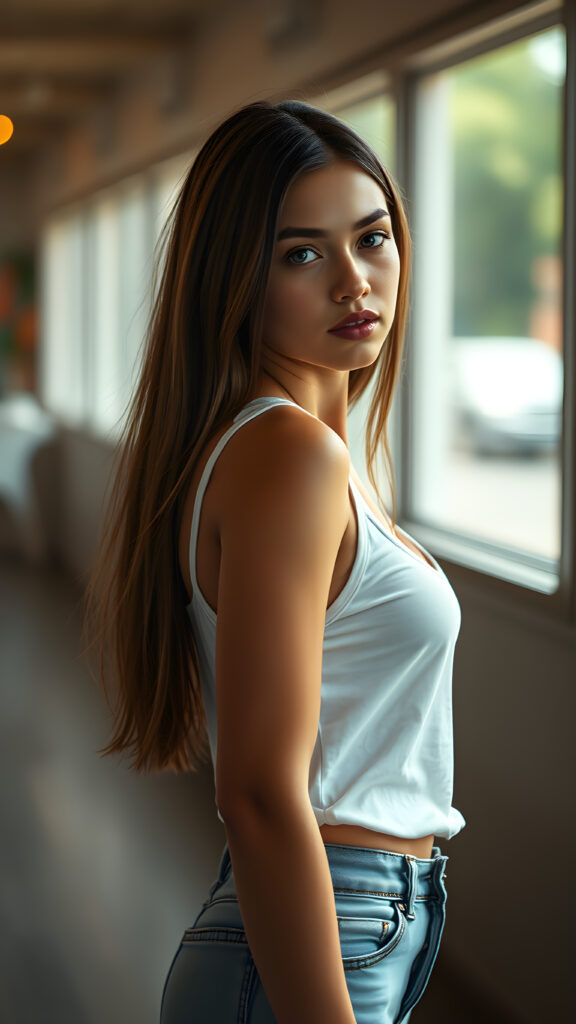 an incredibly realistic (((professional photograph))), capturing a (((young tanned Caucasian teen girl))) with perfectly straight soft brown hair, flawless complexions, and incredibly detailed, hyper realistic detailed (pale skin), her full beautiful face is seen from a side angle, showcasing exquisite facial features and perfectly detailed lips, dressed in a ((white tank top)), ((open front)), and (tight short jeans)), which perfectly complements her toned legs. The image exudes an air of confidence and natural beauty