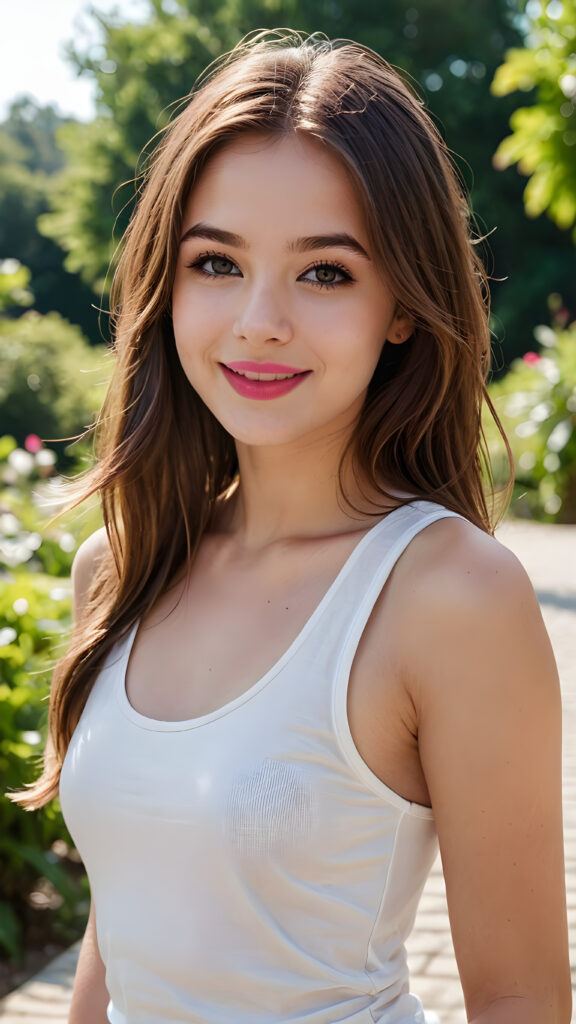 an innocent, young teen girlie, ((straight soft long brown hair)), beautiful as a picture, smiles into the camera, she is wearing a ((white tank top)), upper-body, perfect curved, ((very detailed, perfect shadows)), ((black makeup, pink lipstick))