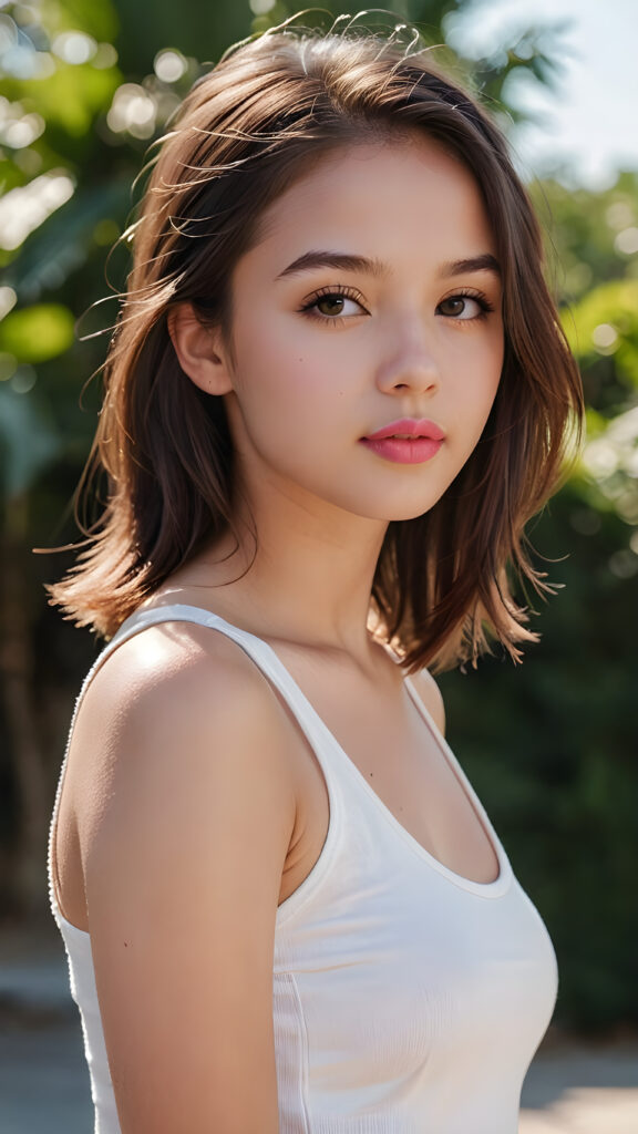 an innocent, young cute teen girlie, straight hair, looks seductive, she is wearing a ((white tank top)), upper-body, perfect curved, ((very detailed, perfect shadows)), ((pink lipstick)) ((side view))