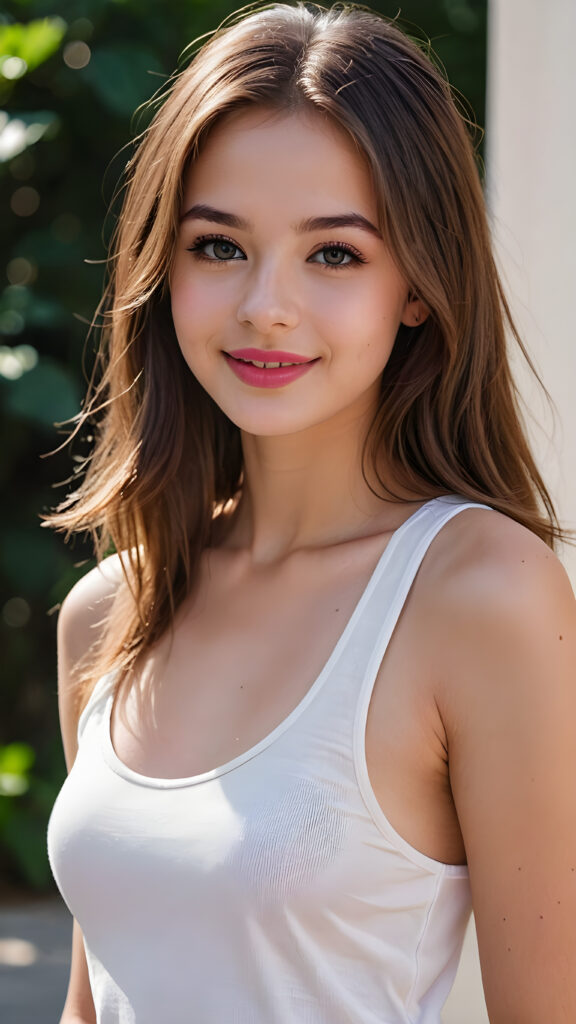 an innocent, young teen girlie, ((straight soft long brown hair)), beautiful as a picture, smiles into the camera, she is wearing a ((white tank top)), upper-body, perfect curved, ((very detailed, perfect shadows)), ((black makeup, pink lipstick))