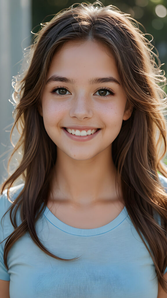 an innocent, young teen girl, long weavy hair, beautiful as a picture, smiles into the camera, she is wearing a light blue tight t-shirt, upper-body, perfect curved, ((very detailed, perfect shadows))