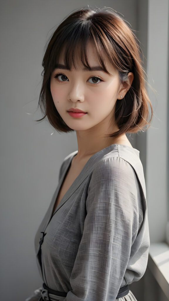 an innocent, young cute girlie, looks seductive, Korea Style Bangs, perfect curved, thin dressed, ((very detailed, perfect shadows)) ((grey empty background))