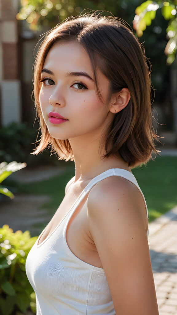 an innocent, young cute teen girlie, straight hair, looks seductive, she is wearing a ((white tank top)), upper-body, perfect curved, ((very detailed, perfect shadows)), ((pink lipstick)) ((side view))