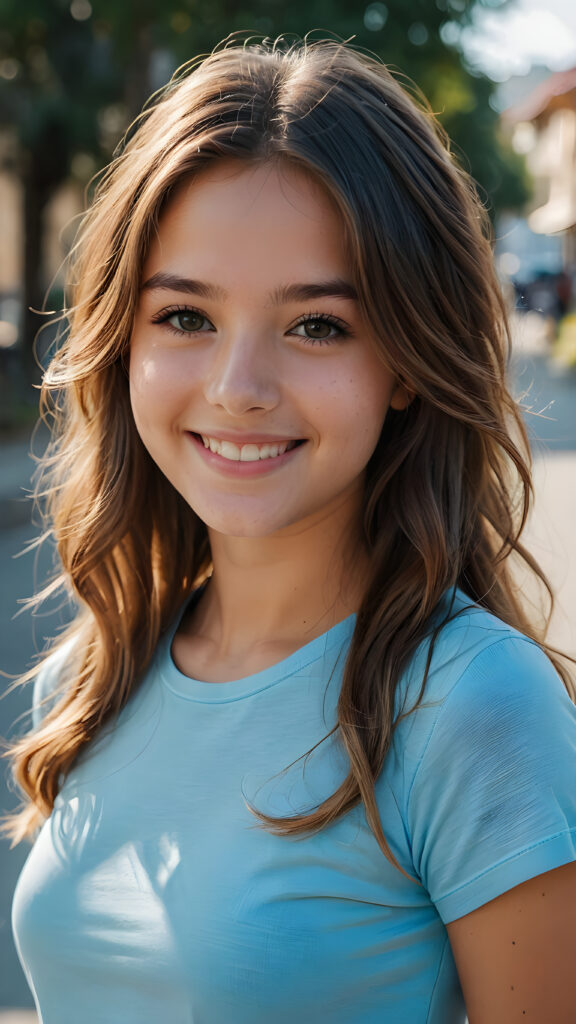 an innocent, young teen girl, long weavy hair, beautiful as a picture, smiles into the camera, she is wearing a light blue tight t-shirt, upper-body, perfect curved, ((very detailed, perfect shadows))