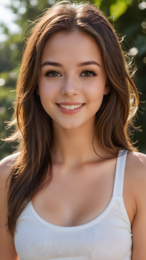 an innocent, young busty teen girlie, ((straight soft long brown hair)), beautiful as a picture, smiles into the camera, she is wearing a ((white tank top)), upper-body, perfect curved, ((very detailed, perfect shadows)), ((makeup, full lips))