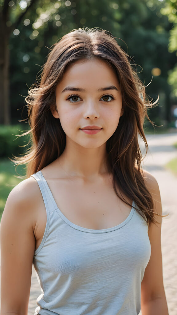 an innocent, young cute girl, long yet soft hair, tank top