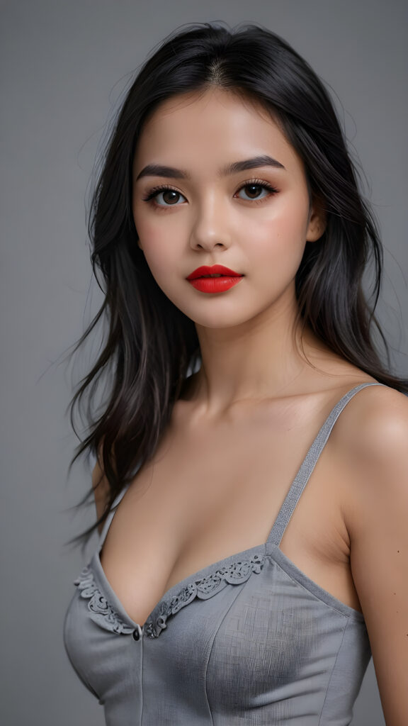 an innocent, young cute girlie, looks seductive, black straight hair, red lips, upper-body, perfect curved, ((very detailed, perfect shadows)) ((grey empty background))