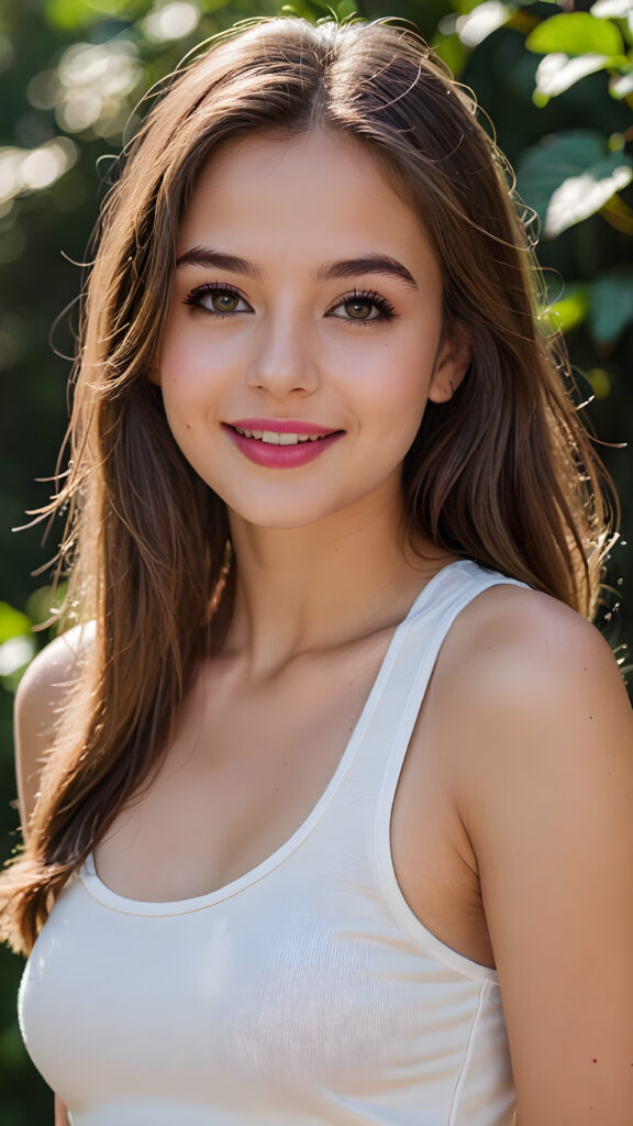 an innocent, young teen girlie, ((straight soft long brown hair)), beautiful as a picture, smiles into the camera, she is wearing a ((white tank top)), upper-body, perfect curved, ((very detailed, perfect shadows)), ((black makeup, pink lipstick))