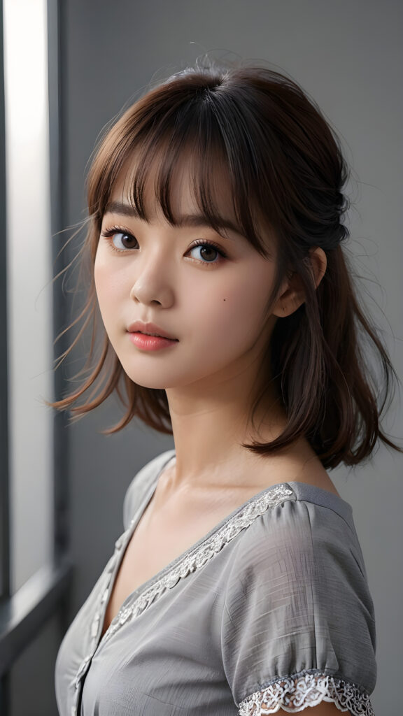 an innocent, young cute girlie, looks seductive, Korea Style Bangs, perfect curved, thin dressed, ((very detailed, perfect shadows)) ((grey empty background))