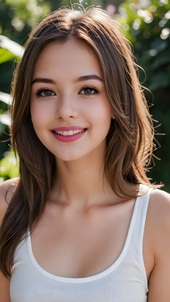 an innocent, young teen girlie, ((straight soft long brown hair)), beautiful as a picture, smiles into the camera, she is wearing a ((white tank top)), upper-body, perfect curved, ((very detailed, perfect shadows)), ((black makeup, pink lipstick))