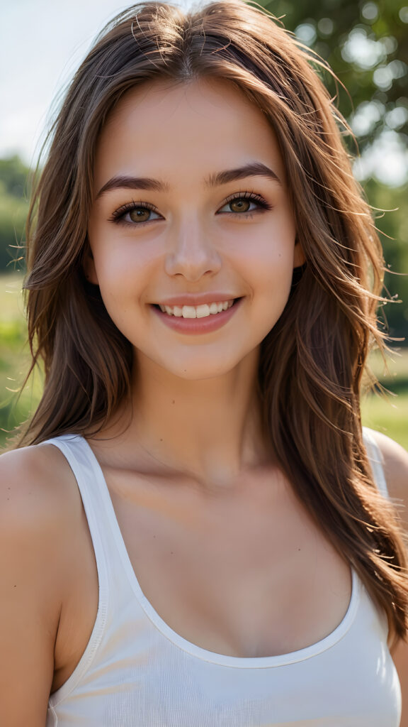 an innocent, young busty teen girlie, ((straight soft long brown hair)), beautiful as a picture, smiles into the camera, she is wearing a ((white tank top)), upper-body, perfect curved, ((very detailed, perfect shadows)), ((makeup, full lips))