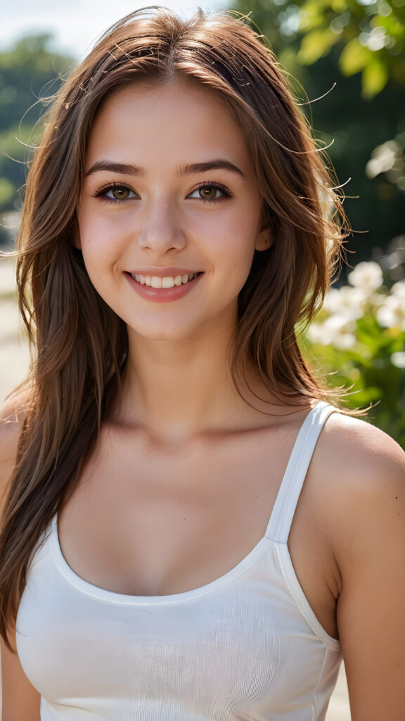 an innocent, young busty teen girlie, ((straight soft long brown hair)), beautiful as a picture, smiles into the camera, she is wearing a ((white tank top)), upper-body, perfect curved, ((very detailed, perfect shadows)), ((makeup, full lips))